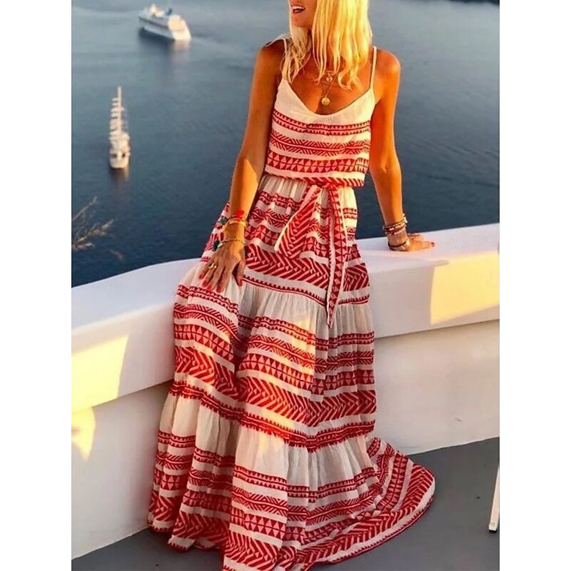 Women's Maxi Dress Casual Dress Slip Dress Boho Dress Bohemia Casual Vacation Daily Regular Fit Geometric Sleeveless Strap Black Red Green Summer3