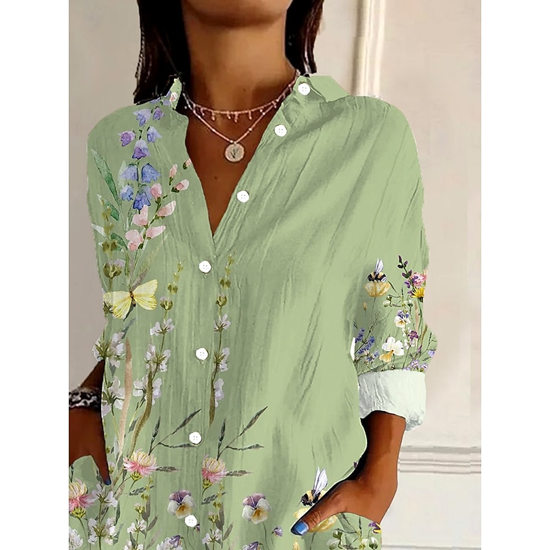 Women's Shirt Button Down Tunic Shirt Collar Long Sleeve Ombre Floral Graphic Stylish Casual Regular Tops Daily Going out s Light Green Spring2