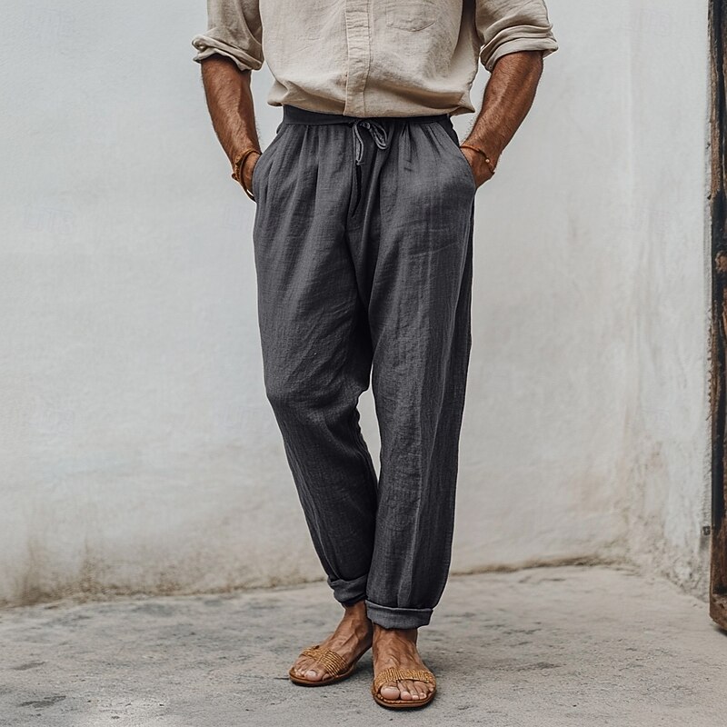 Men's Linen Pants Trousers Summer Pants Pocket Drawstring Elastic Waist Plain Comfort Breathable Full Length Outdoor Work Daily Fashion Classic Style Black Navy Blue Micro-elastic