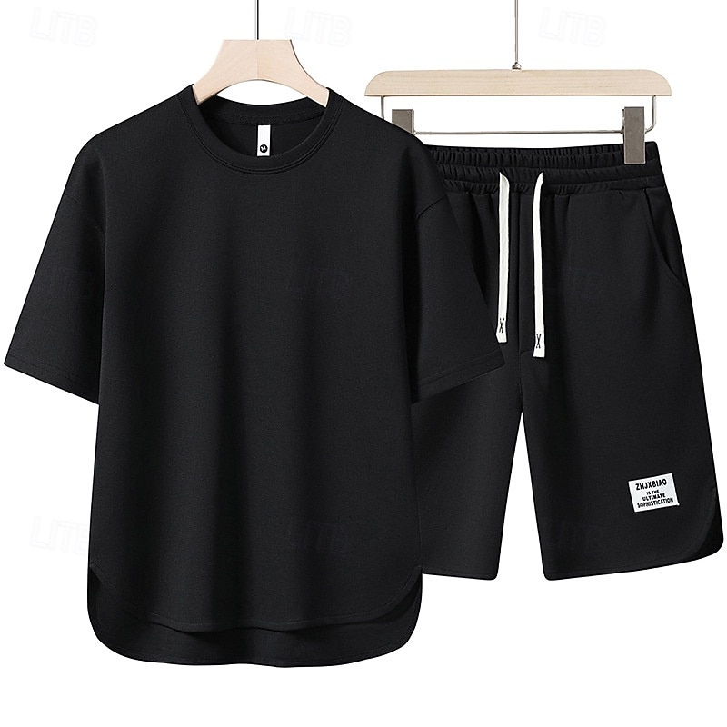 Men's Workout Set Tracksuit T shirt & Shorts Set Outfit Set Crew Neck Outdoor Daily Sports Pocket Drawstring 2 Piece Plain Black White Red Polyester Activewear Classic Casual Summer