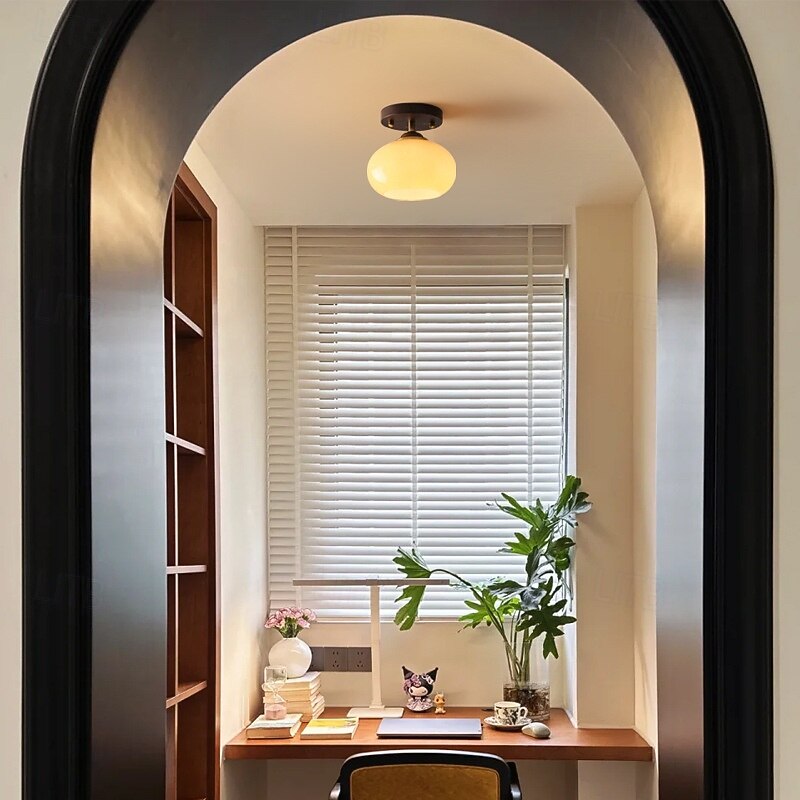 Contemporary Retro Round Oval Dome Wooden Base Glass 1-Light Semi-Flush Mount Ceiling Light For Living Room 110-240V2