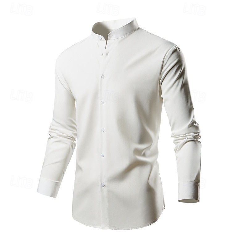 Men's Shirt Summer Shirt Casual Shirt Beach Shirt Button Up Shirt Black White Green Long Sleeve Plain Grandad Collar Band Collar Vacation Hawaiian Button-Down Clothing Apparel Polyester Fashion