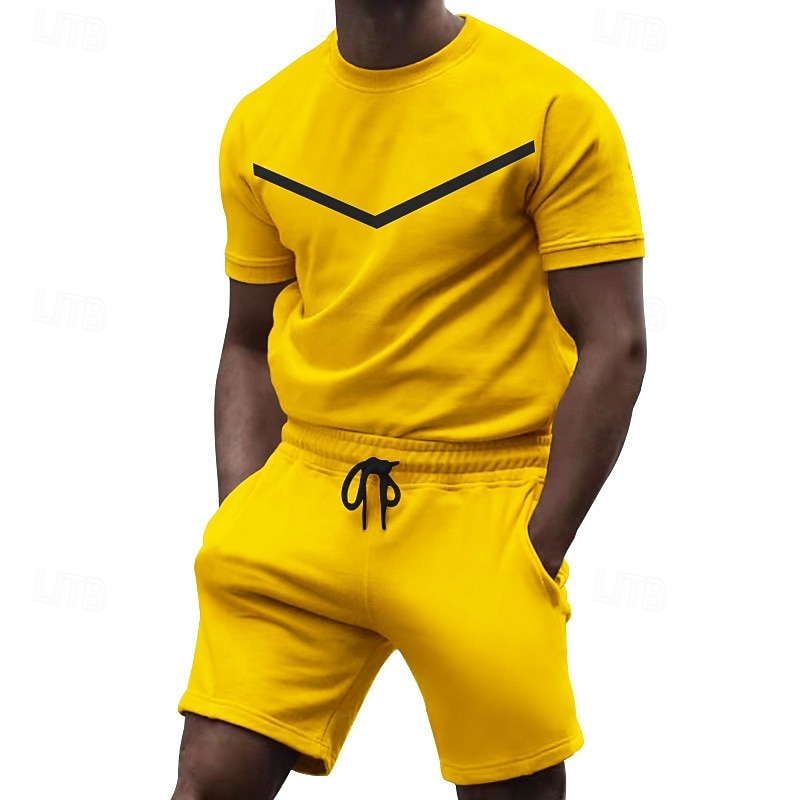 Men's Workout Set Tracksuit T shirt & Shorts Set Crew Neck Outdoor Daily Sports Pocket Drawstring 2 Piece Color Block Black White Yellow Polyester Activewear Classic Casual Summer