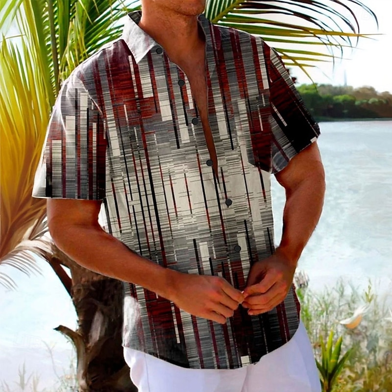 Men's Geometric Color Block Striped Shirt Button Up Shirt Short Sleeve Fashion Casual Vacation Streetwear Beach Wear Summer Fall Turndown 3D Print Collared Shirts Front One Pocket Gray