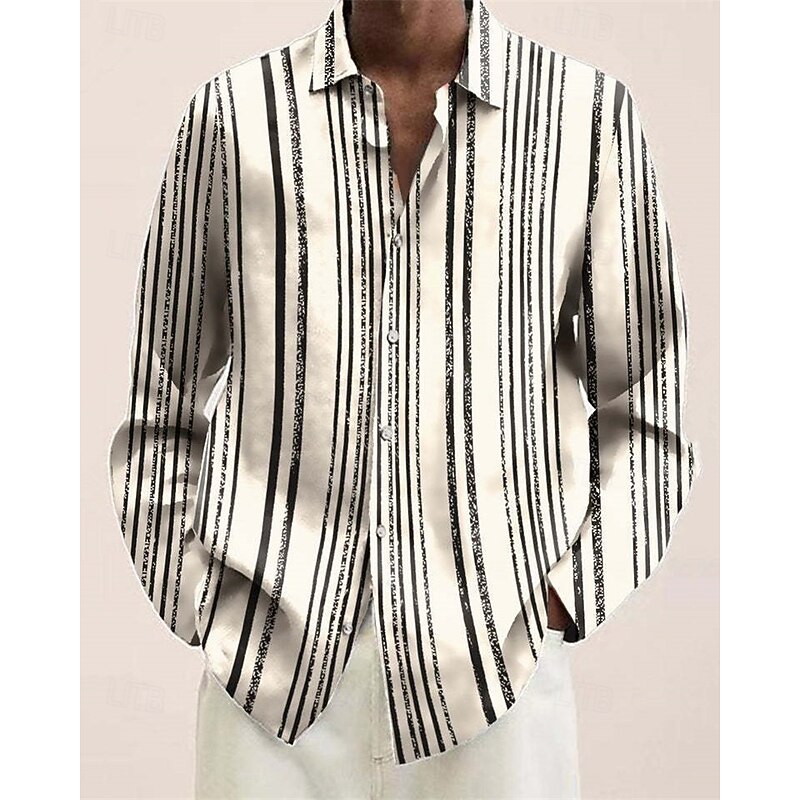Men's Shirt Summer Shirt Casual Shirt Beach Shirt Button Up Shirt Black Blue khaki Beige Light Blue Long Sleeve Graphic Stripe Lapel Vacation Hawaiian Button-Down Clothing Apparel Polyester Fashion
