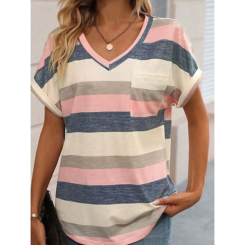 Women's T Shirt Striped Fashion Modern Casual Short Sleeve V Neck Regular Tops Daily Weekend Pink Wine Sky Blue Summer Spring4