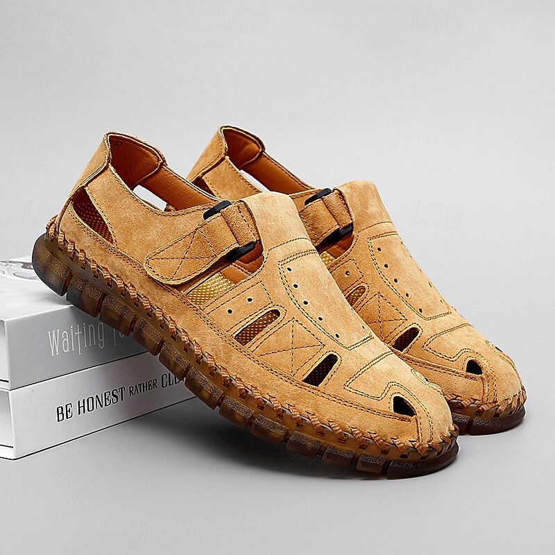 Men's Casual Tan Suede Sandals with Adjustable Velcro Strap, Breathable Design and Comfortable Sole – Perfect for Outdoor, Beach and Summer Activities2