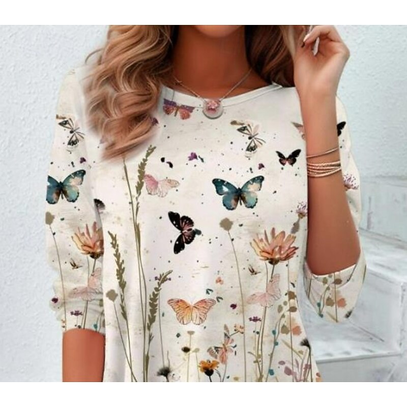 Women's T shirt Crew Neck Long Sleeve Tunic Floral Elegant Vintage  Regular Tops Daily Going out Weekend Print off-white2