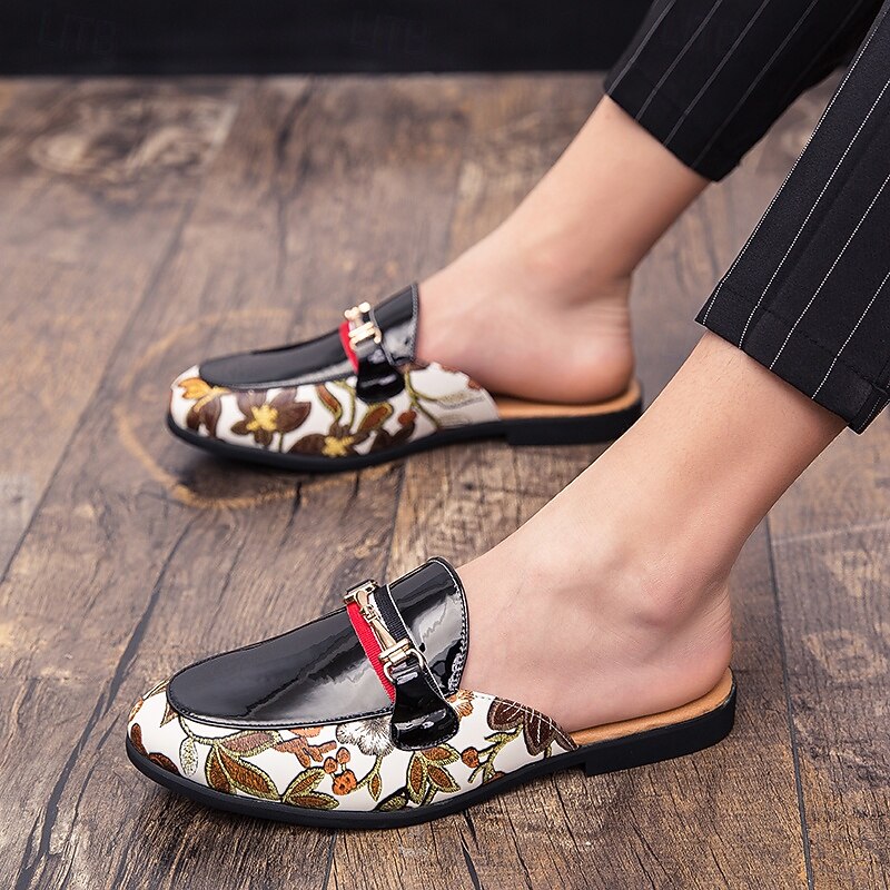 Men's Slip-On Mules with Glossy Black Patent Leather and Floral Print Design, Adjustable Strap, Perfect for Casual and Fashionable Occasions4