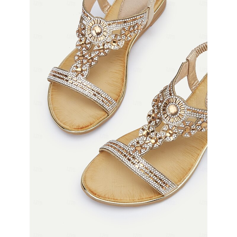 Women's Rhinestone Embellished T-Strap Sandals – Elegant Flat Slingback Sandals for Summer Beach, Wedding & Party Wear