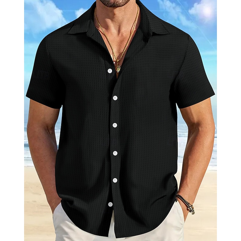 Men's Shirt Summer Shirt Casual Shirt Beach Shirt Button Up Shirt Waffle Knit Shirt Black White Pink Blue Orange Short Sleeve Plain Lapel Vacation Hawaiian Clothing Apparel Polyester Fashion Casual4