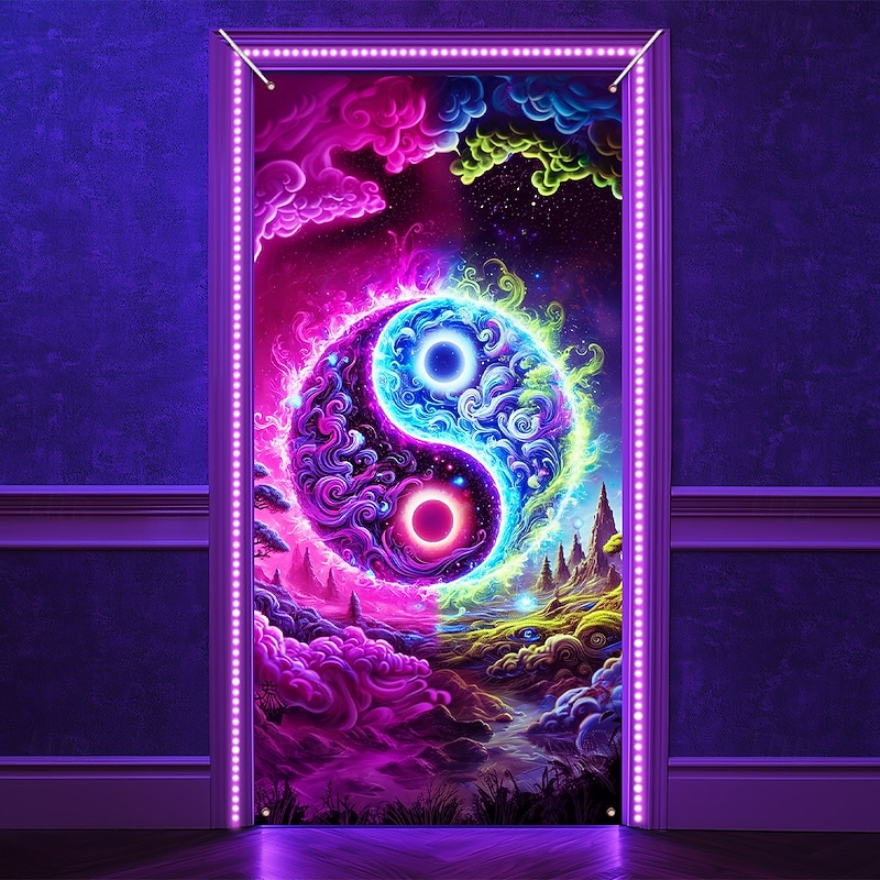 Blacklight Door Decorations Door Covers Glow in the Dark Taichi Zen Door Tapestry Door Curtain Decoration Backdrop Indoor/Outdoor Door Banner for Front Door Farmhouse3