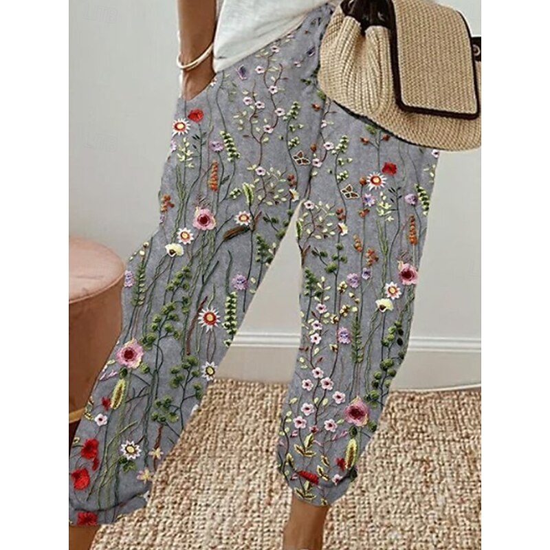 Women's Cotton Linen Pants Baggy Pants Linen Like Elegant Vintage Fashion Full Length High Waist Floral Printing Breathable Soft Micro-elastic Outdoor Daily Linen Like Light Gray Regular Fit2