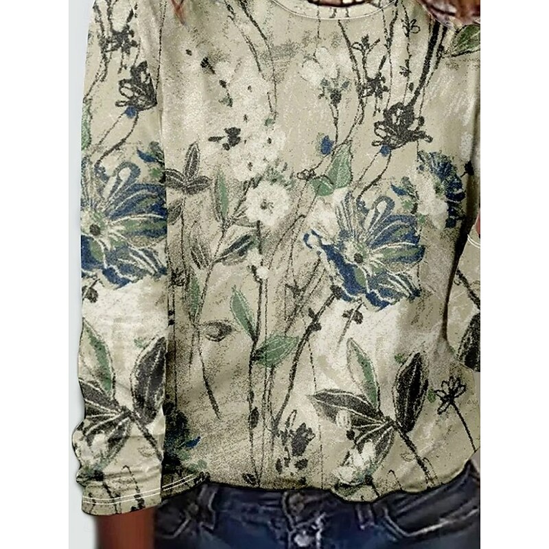 Women's T shirt Crew Neck Long Sleeve Tunic Floral Plants Elegant Vintage  Regular Tops Daily Going out Weekend Print Light Green3