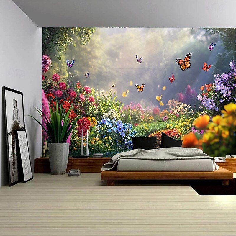 A forest plant flower butterfly path landscape hanging tapestry mural art large tapestry mural decoration photo background carpet curtain home bedroom living room decoration2
