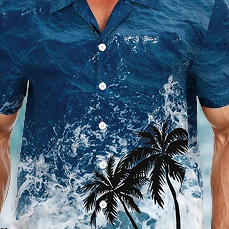Men's Coconut Tree Ocean Nature & Landscapes Summer Hawaiian Shirt Camp Collar Shirt Aloha Shirt Short Sleeve Hawaiian Vacation Holiday Beach Wear Summer Spring Cuban Collar Button Up 3D Print Blue2