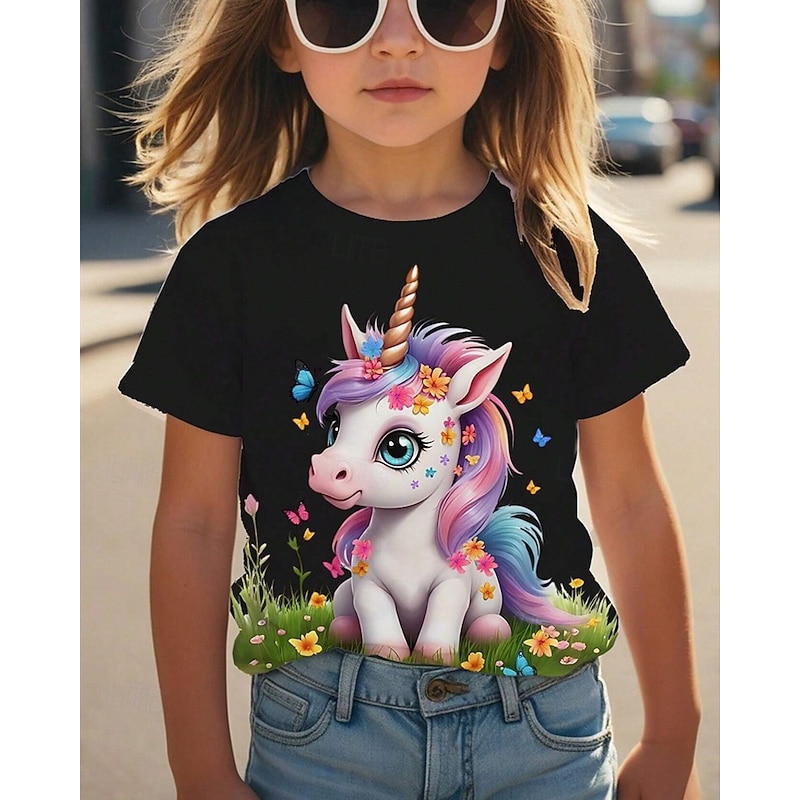 Girls' 3D Graphic Unicorn T shirt Tee Short Sleeve Summer Spring Fashion Basic Kids 4-12 Years Crew Neck Outdoor Casual Daily Regular Fit4