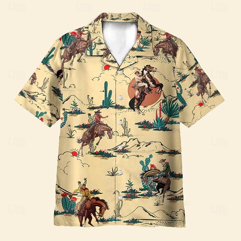 Kentucky Derby Men's Cowboy Horse Racing Shirt Cuban Collar Shirt Short Sleeve Vintage Retro Vacation Holiday Festival Summer Spring Camp Collar Shirt 3D Print Funny Kentucky Derby Shirts Light Yellow