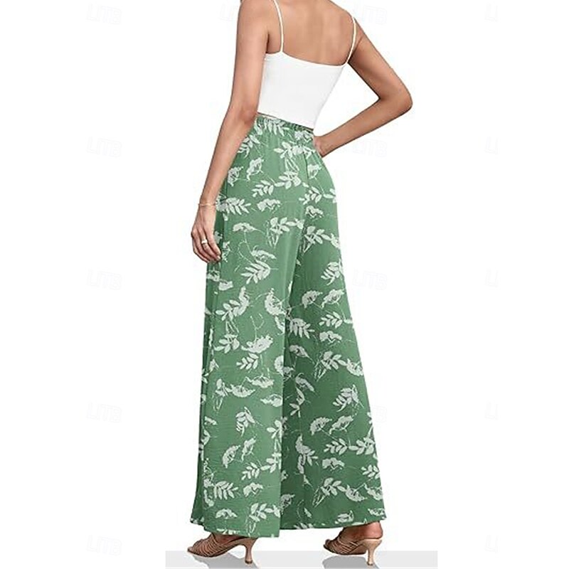 Women's Wide Leg Chinos Fashion Streetwear Full Length High Waist Floral Leaf Pocket Elastic Waistband Printing Comfy Soft Comfortable Micro-elastic Outdoor Street Navy-blue Light Green Wine Blue2
