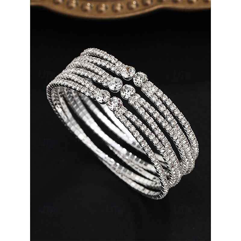 Women's Multi-layered Rhinestone Cuff Bracelet - Elegant Silver Jewelry with Sparkling Rhinestones for Weddings, Parties and Special Occasions4