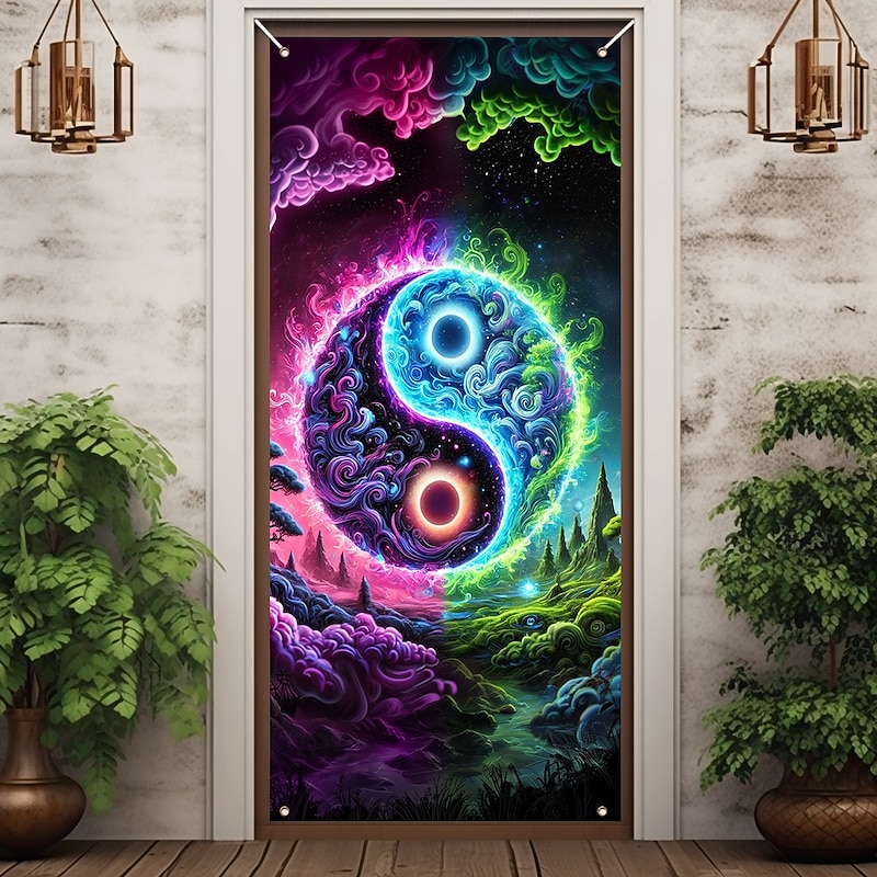 Blacklight Door Decorations Door Covers Glow in the Dark Taichi Zen Door Tapestry Door Curtain Decoration Backdrop Indoor/Outdoor Door Banner for Front Door Farmhouse4