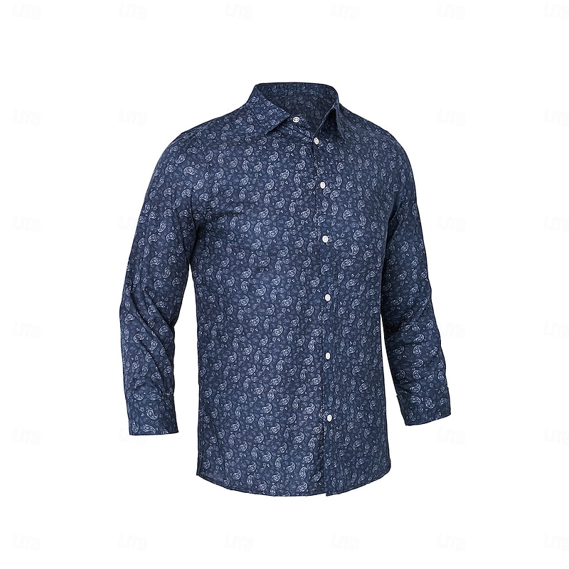 Men's 100% Cotton Paisley Shirt Button Down Shirt Casual Shirt Long Sleeve Vintage Hawaiian Artistic School Performance Wedding Spring Fall Turndown Button Up Navy Blue