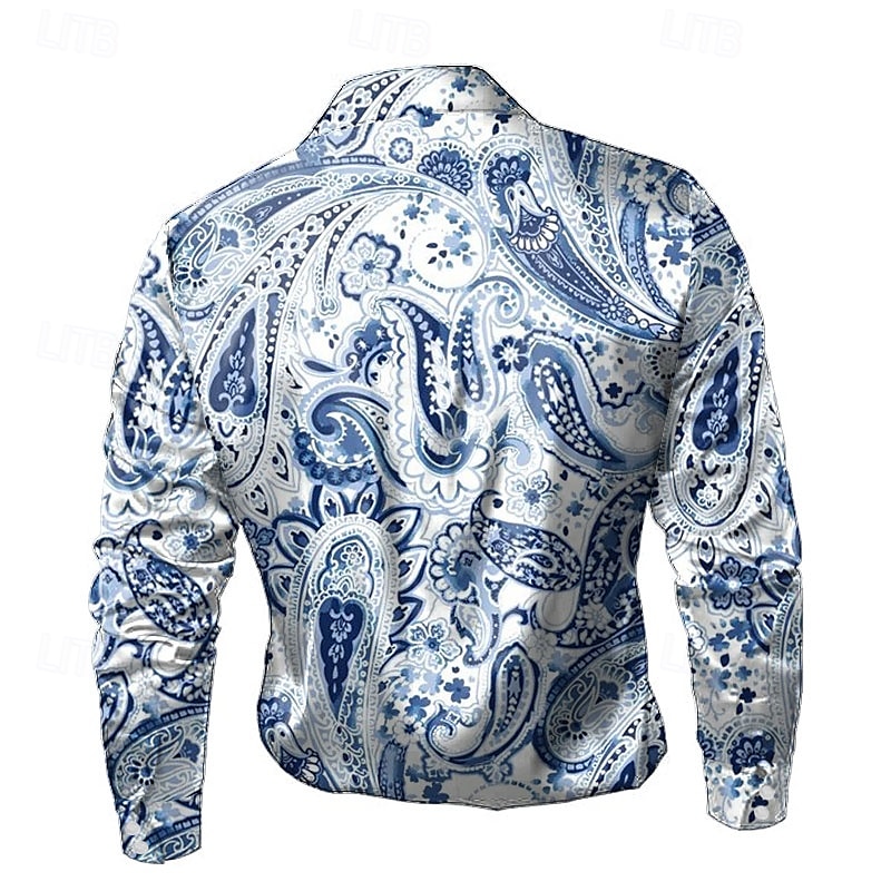 Men's Paisley Ethnic Satin Shirt Dress Shirt Button Up Shirt Long Sleeve Fashion Casual Vacation Daily Evening Party Summer Spring Fall Turndown Collared Shirts 3D Print Blue2