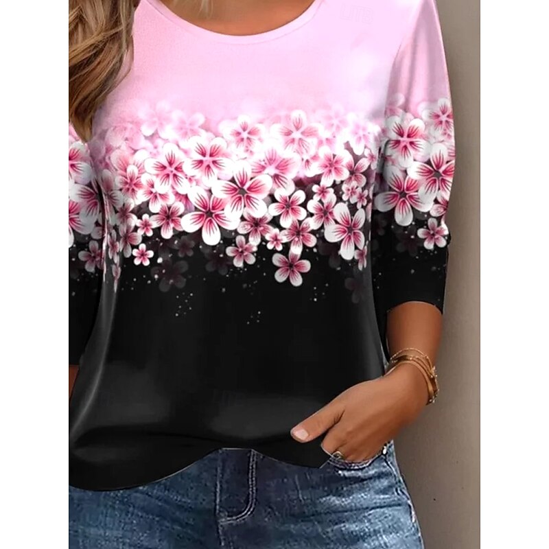 Women's T shirt Crew Neck Long Sleeve Tunic Floral Elegant Vintage  Regular Tops Daily Going out Weekend Print Pink3
