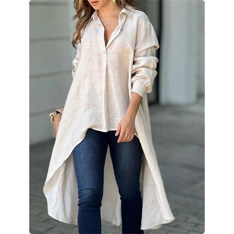 Women's Shirt Linen-Inspired Shirts Button Up Blouse Solid Color Elegant Daily Stylish Long Sleeve Shirt Collar Long Tops Work Daily Holiday Patchwork Buttons Red Blue Beige Gray Spring Fall4