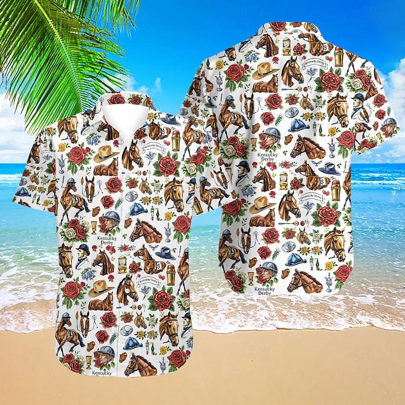 Kentucky Derby Men's Horse Racing Run for the Roses Shirt Button Up Shirt Short Sleeve Vintage Retro Holiday Festival Summer Spring Turndown 3D Print Funny Kentucky Derby Shirts White