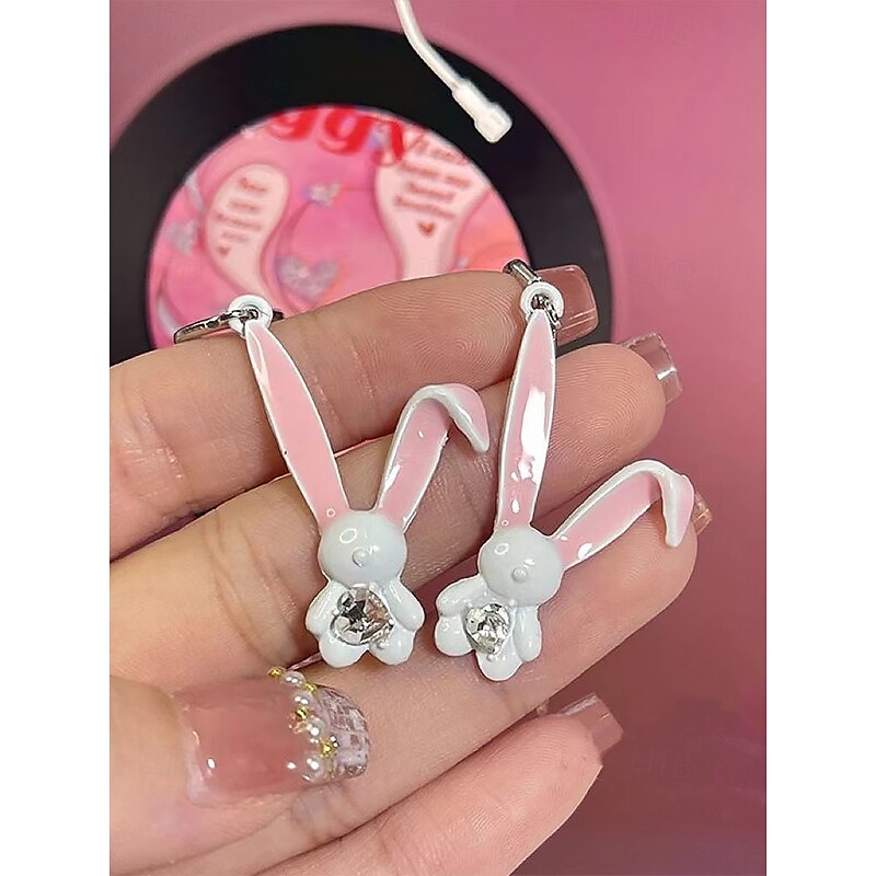 Women's Easter 3D Bunny Rabbit Earrings - Cute bunny design with pink ears and diamond accents, sterling silver hoop, fun and playful jewelry for Easter, casual wear and spring events4