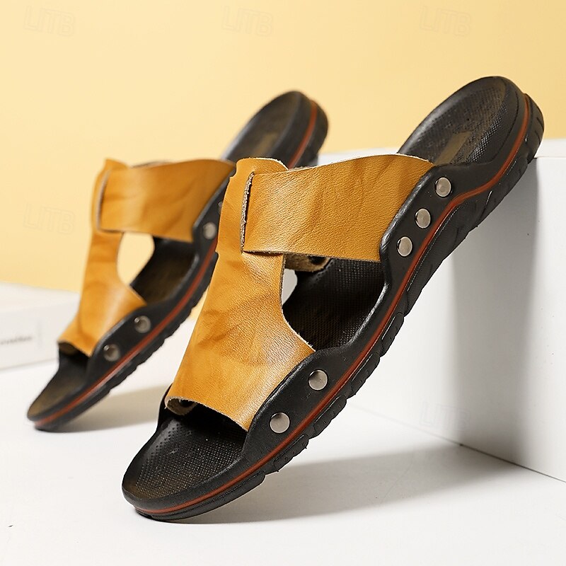 Men's Casual Yellow Leather Slip-On Sandals with Studded Details, Comfortable Outdoor Footwear for Summer3