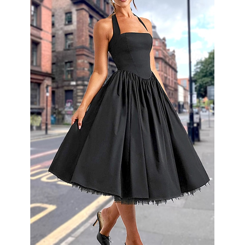 Retro Vintage 1950s Midi Dress Flare Dress Halter Solid Color A-Line Fancy Dress Women's Masquerade Wedding Vacation Tea Party Adults' Dress3