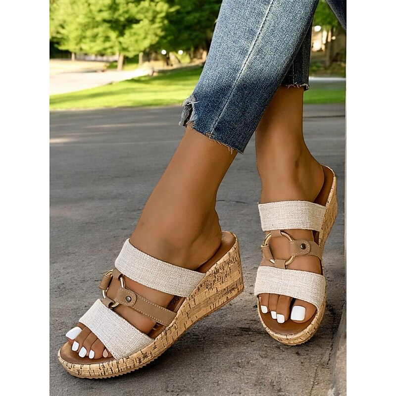 Women's Beige Wedge Sandals – Stylish Summer Slip-On Sandals with Buckle Straps for Casual & Beach Wear2