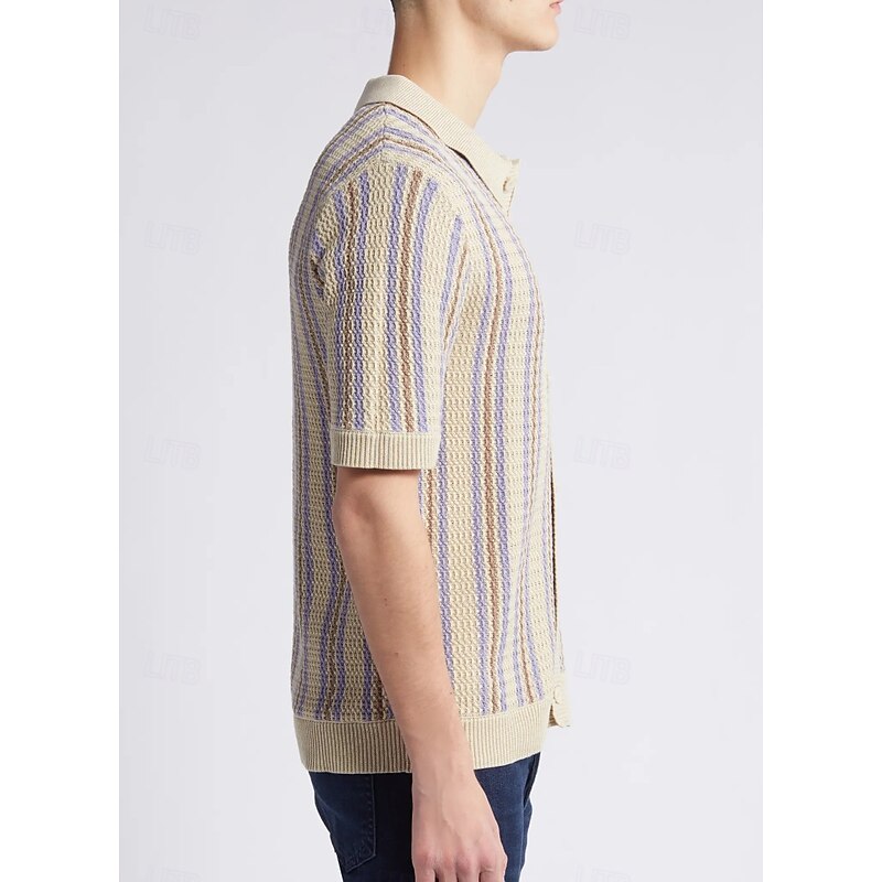 Retro Vintage 1970s Sweater Shirt Cardigan Hippie Crochet Button Down Striped Fancy Dress Men's Vacation Dailywear Pride Parade Adults' Top Spring & Summer2