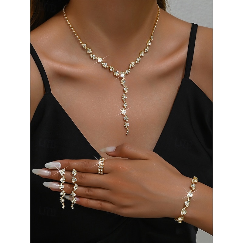 Gold Rhinestone Jewelry Set – Elegant Necklace, Bracelet, and Ring Set for Women, Perfect for Formal Events, Weddings and Special Occasions
