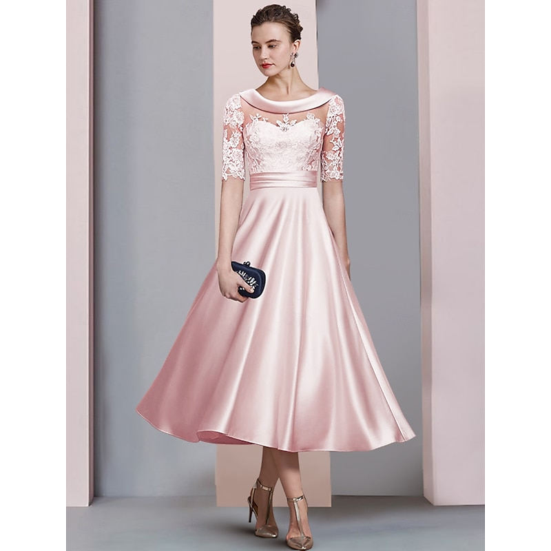 A-Line Gold Mother of the Bride Dress Wedding Guest Elegant Vintage Scoop Neck Tea Length Satin Lace Half Sleeve with Ruched Appliques4