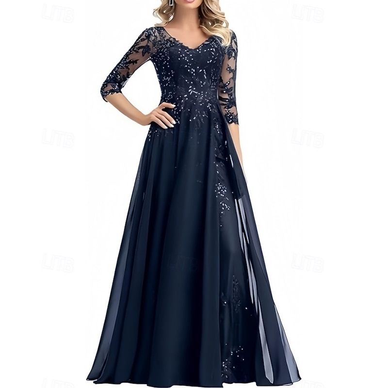 A-Line Mother of the Bride Dress Wedding Guest Elegant V Neck Floor Length Chiffon 3/4 Length Sleeve with Beading Appliques2