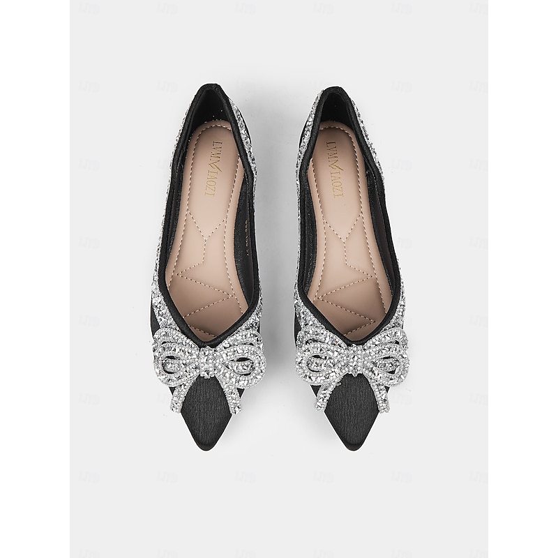 Black Flats with Rhinestone Bow Detail - Elegant Pointed Toe Shoes for Women - Comfortable for Weddings or Parties3
