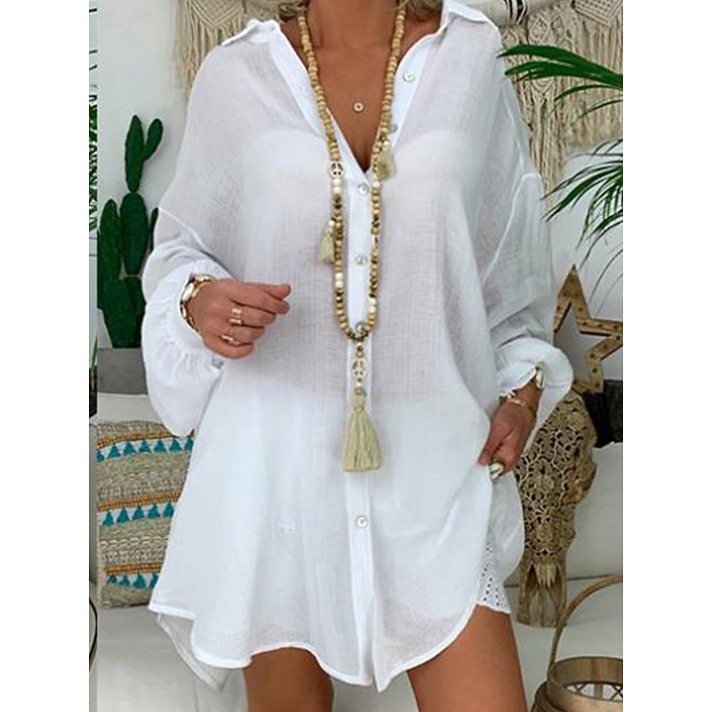 Women's Shirt Cotton Linen Shirts Button Up Blouse Solid Color Basic Casual Long Sleeve Polo Collar Long Tops Daily Buttons Black White Blue Gray Summer2