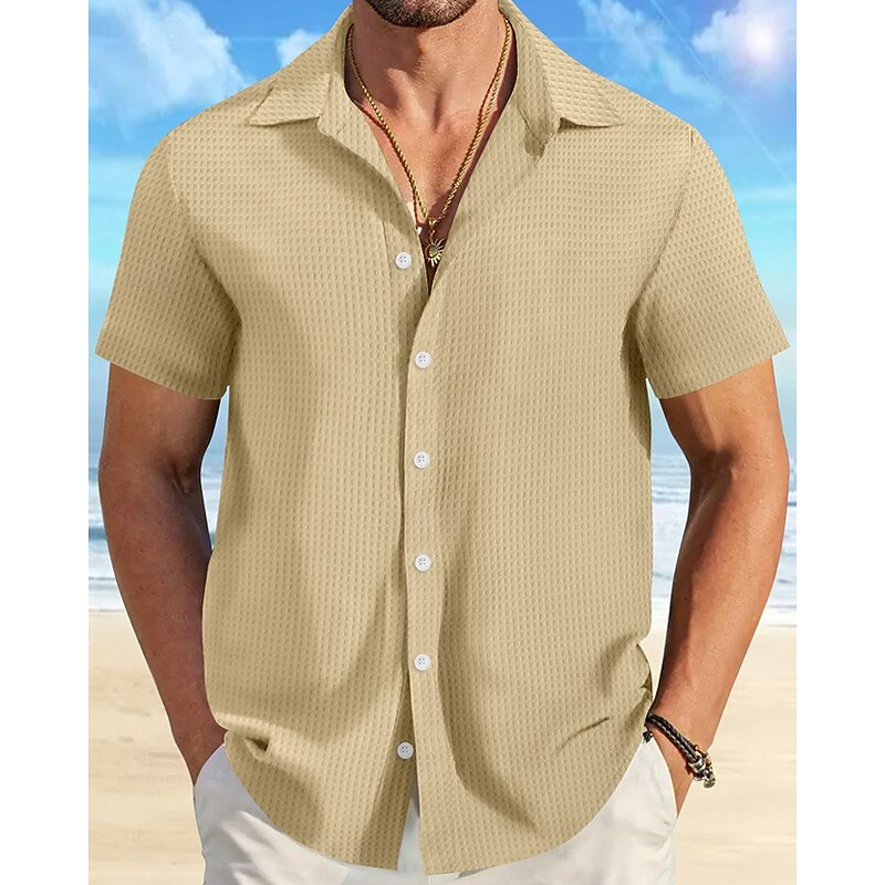 Men's Shirt Summer Shirt Casual Shirt Beach Shirt Button Up Shirt Waffle Knit Shirt Black White Pink Blue Orange Short Sleeve Plain Lapel Vacation Hawaiian Clothing Apparel Polyester Fashion Casual2