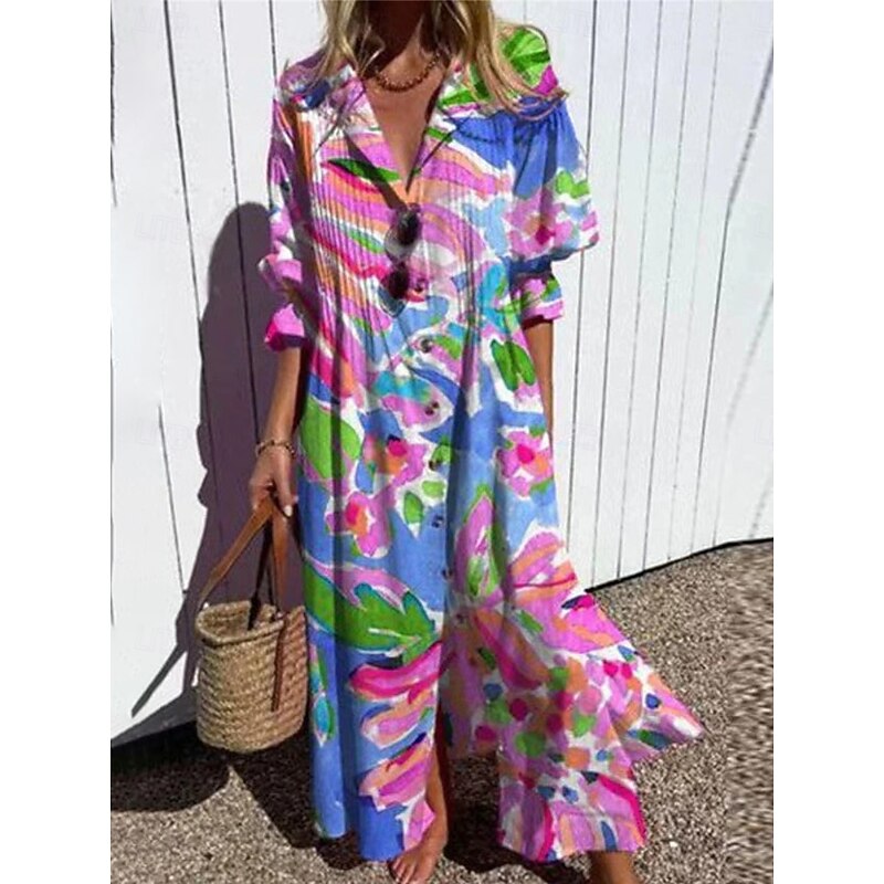 Women's Maxi Dress Shirt Dress Casual Dress Stylish Casual Vacation Daily Regular Fit Floral 3/4 Length Sleeve Shirt Collar Red Navy Blue Summer4