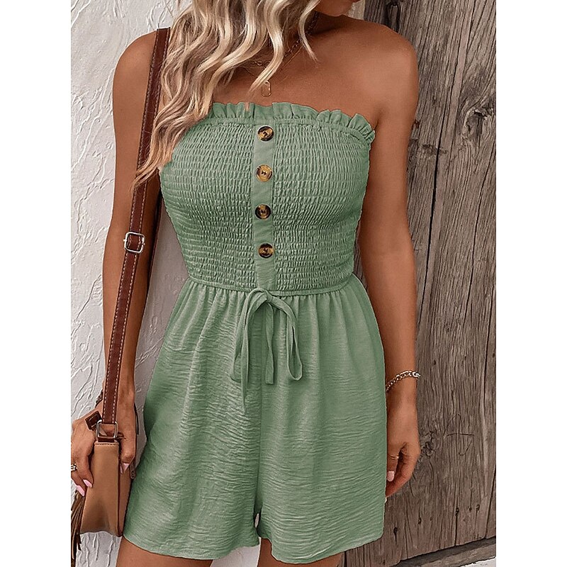 Women's Normal Romper Active Solid Color Sleeveless Strapless Buttons Drawstring Vacation Daily Regular Fit Black Blue Green Summer3
