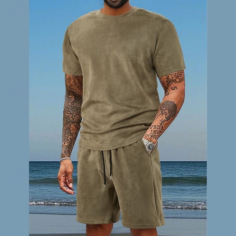 Men's T-shirt Suits 2 Pieces Outfits Tee & Shorts Short Sleeve Crewneck Summer Solid / Plain Color Fashion Casual 2 Piece Vacation Daily Wear Going out Dark Blue Wine Royal Blue Top Tee for Men