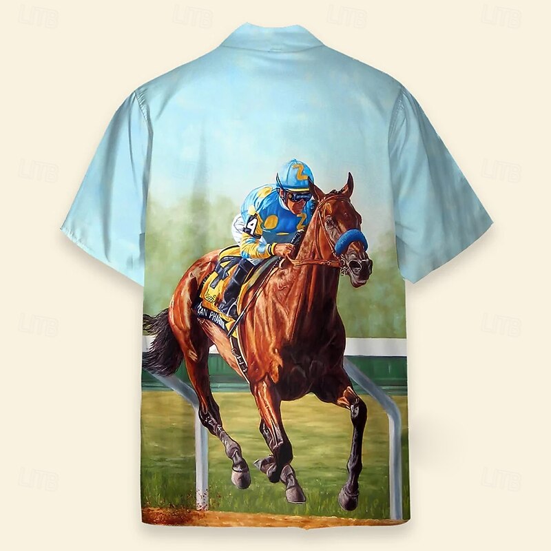 Kentucky Derby Men's Horse Racing Shirt Cuban Collar Shirt Short Sleeve Vintage Retro Vacation Holiday Festival Summer Spring Camp Collar Shirt 3D Print Funny Kentucky Derby Shirts Light Blue2