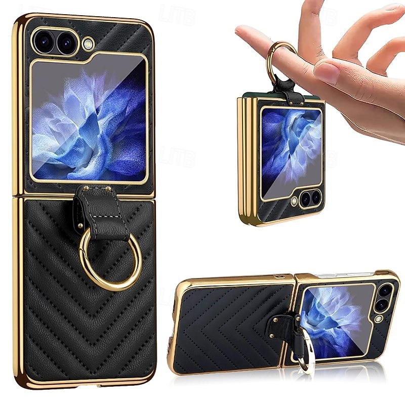Phone Case For Samsung Galaxy Z Flip 6 Z Flip 5 Z Flip 4 Z Flip 3 Back Cover Ring Holder Shockproof Retro PU Leather3