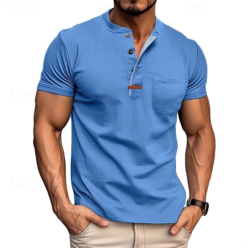 Men's Button T Shirt T Shirt Henley Shirt Tee Short Sleeve Henley Summer Plain Fashion Designer Basic Pocket Vacation Street Going out Black White Wine Top Tee for Men