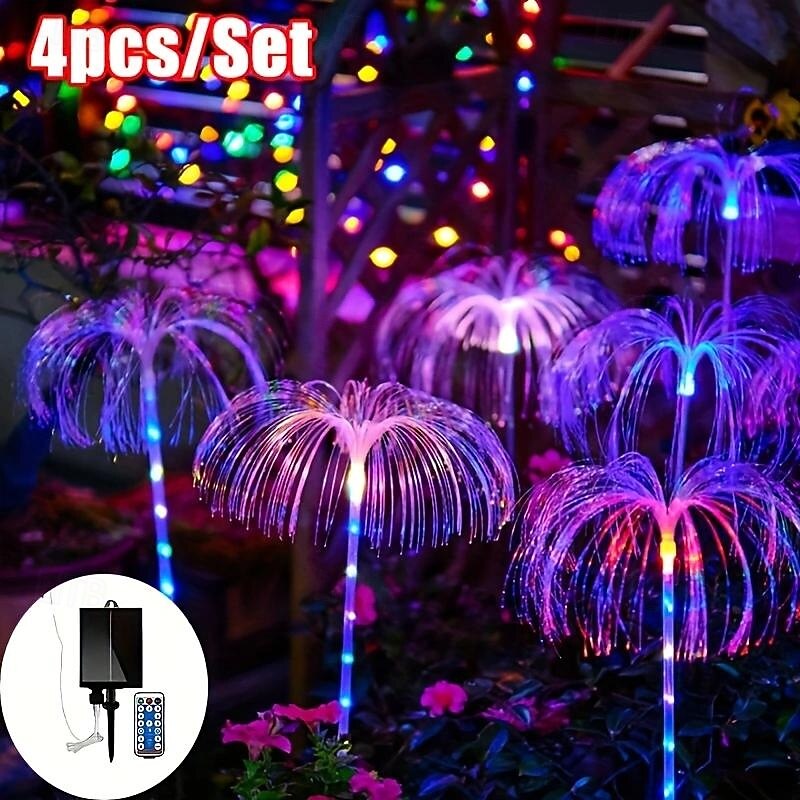 4 Pcs Outdoor Solar Powered Pole Jellyfish Light String Colorful Light Courtyard Garden Path Lawn Wedding Valentine's Day Festival Atmosphere Decorative Light String4