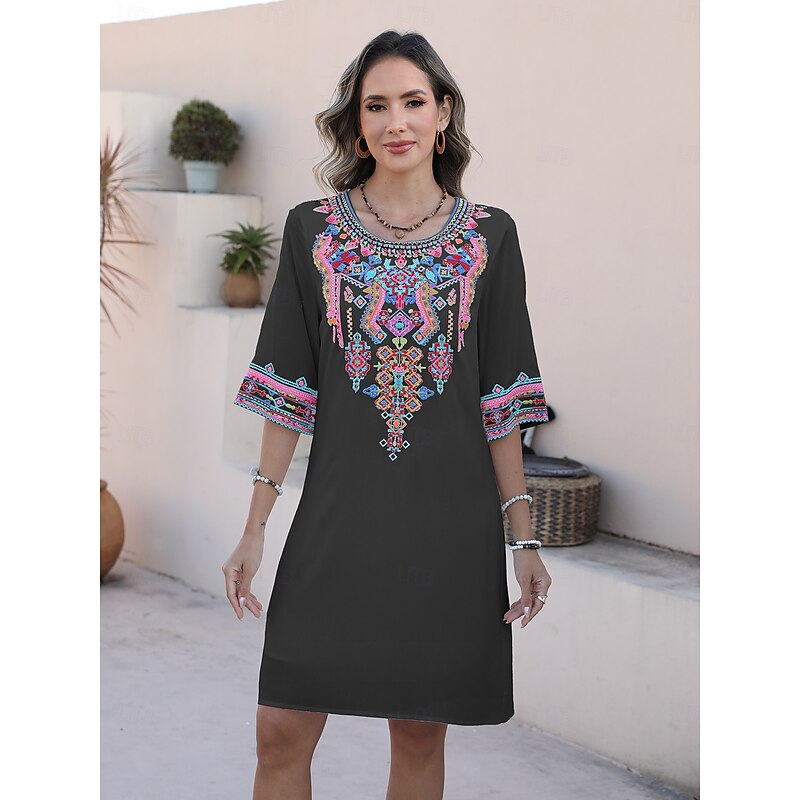 Valentine's Day Women's Normal Mini Dress Boho Chic Dresses A Line Dress Bohemia Stylish Classic Elbow Sleeve Vacation Party Casual Form Fit Floral Plain 3/4 Length Sleeve Crew Neck Black White Summer