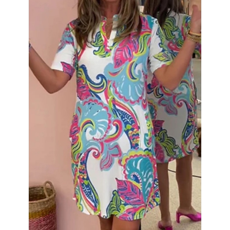 Women's Mini Dress Casual Dress Stylish Casual Vacation Daily Regular Fit Paisley Short Sleeve Notched Neck White Red Blue Green Summer